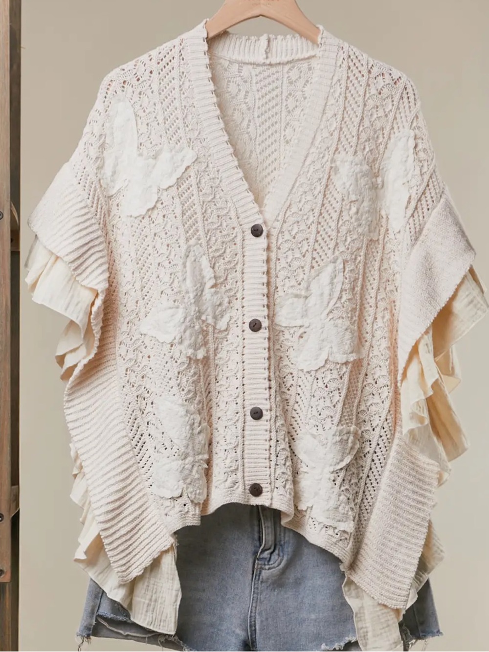 W15-🤍🦋(ETA 9/10) Cream Butterfly Lace Ruffle-Sleeve LaceCardigan